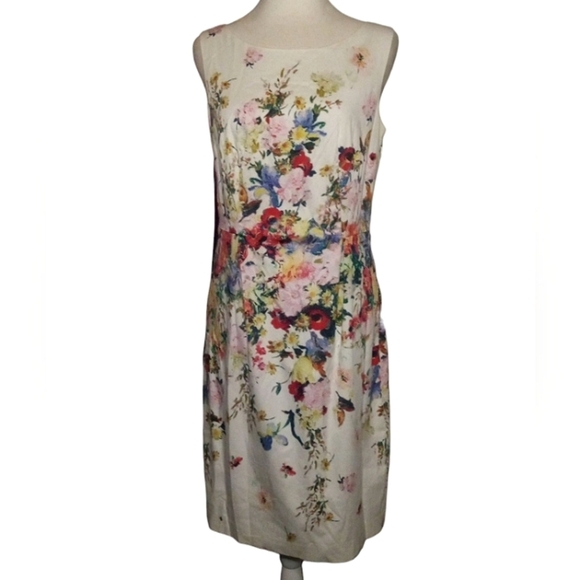 Talbots Cream Flower Bouquet Design Shift Dress Cotton Blend Lined Size 4 - Picture 1 of 8